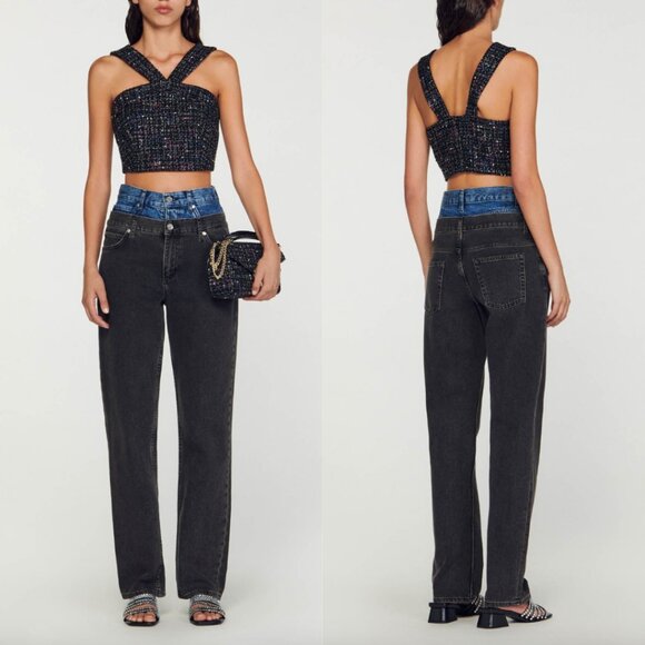 $235 NWT Sandro Black Multi Tweed Bustier Halter Cropped Tank size 2 - Picture 1 of 11